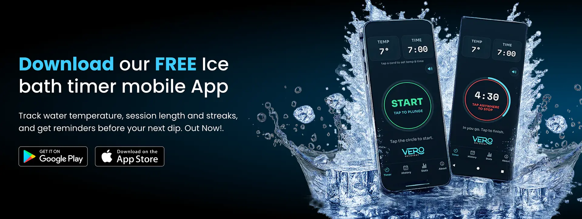 Download our free Vero Plunge ice bath timer app - get it on Google Play or the App Store